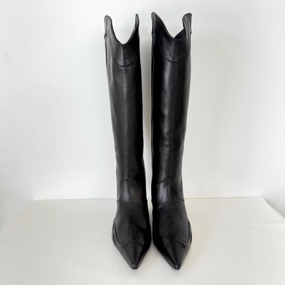 Anine Bing Rae Tall Leather Boots Kitten Heel Western Black 40 (US 10) - Picture 2 of 16
